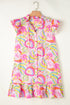 Abstract Floral Ruffle Trim Flutter Sleeve Buttoned Dress